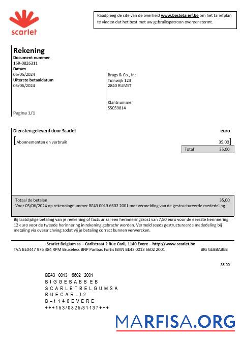 Realistic Belgium Scarlet business utility bill template in Word and PDF format